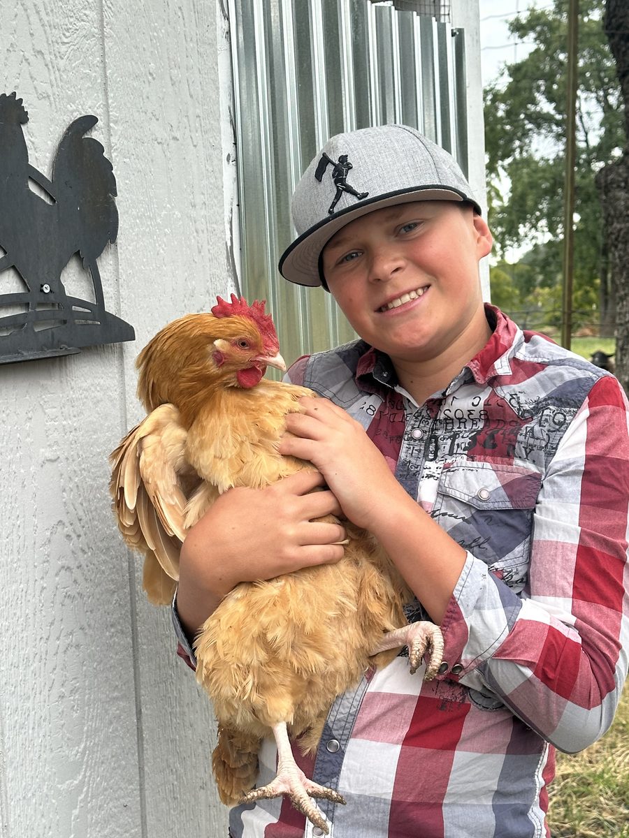 Bryce with one of the buff hens on the family farm in the Sierra Foothills