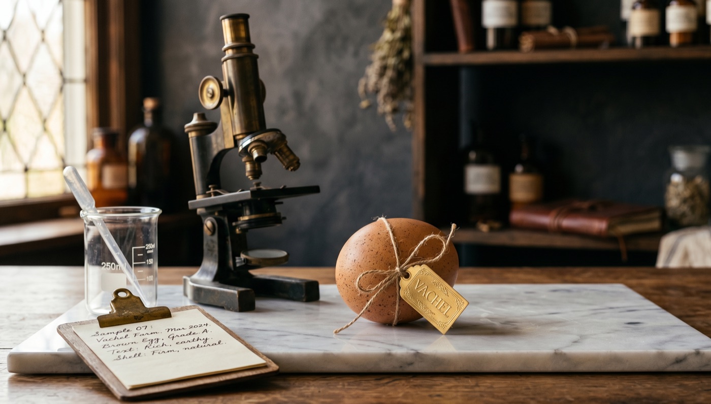 A pasture-raised egg on a marble lab bench beside a vintage brass microscope and beaker.